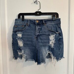 High-Rise Dark Wash Distressed Denim Shorts